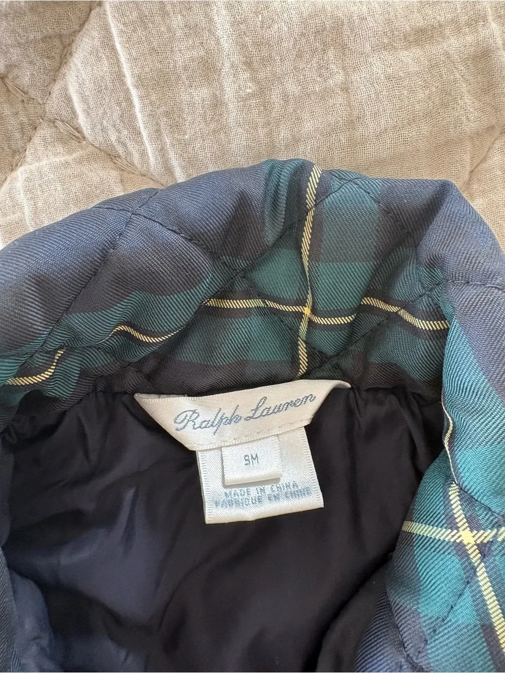 Ralph Lauren Baby 9M Tartan Plaid Quilted Jacket Green Navy Preppy Coat